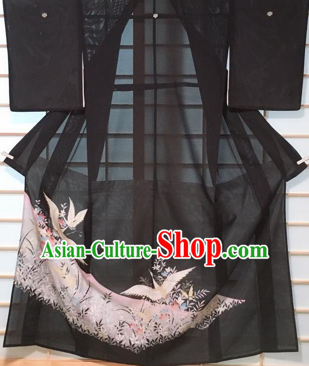 Japanese Classical Printing Crane Black Kurotomesode Kimono Japan Traditional Yukata Dress Costume for Women