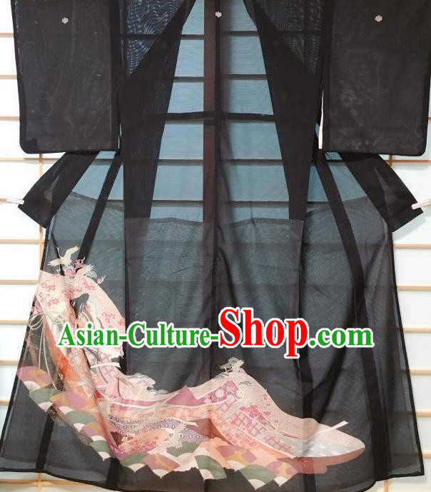 Japanese Classical Printing Plum Crane Black Kurotomesode Kimono Japan Traditional Yukata Dress Costume for Women