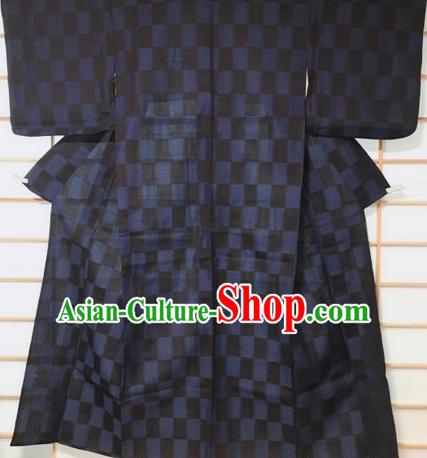 Traditional Japanese Classical Grid Pattern Black Kimono Asian Japan Yukata Costume for Men