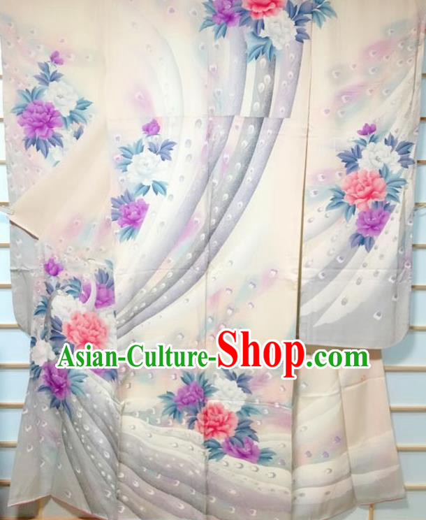 Traditional Japanese Geisha Printing Peony White Silk Furisode Kimono Japan Yukata Dress Costume for Women