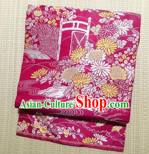 Japanese Traditional Embroidered Chrysanthemum Rosy Brocade Waistband Japan Kimono Yukata Belt for Women