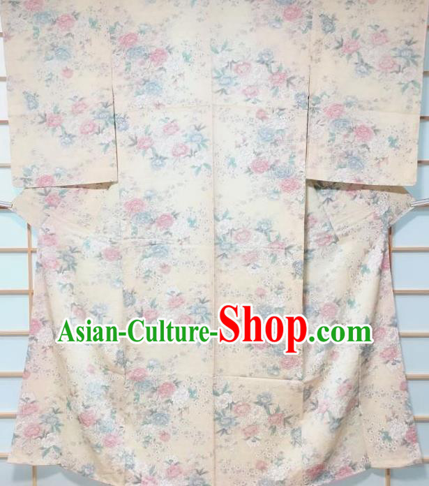 Japanese Traditional Peony Pattern Beige Edo Komon Kimono Japan Yukata Dress Costume for Women