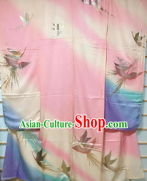 Japanese Traditional Peacock Pattern Pink Furisode Kimono Japan Yukata Dress Costume for Women