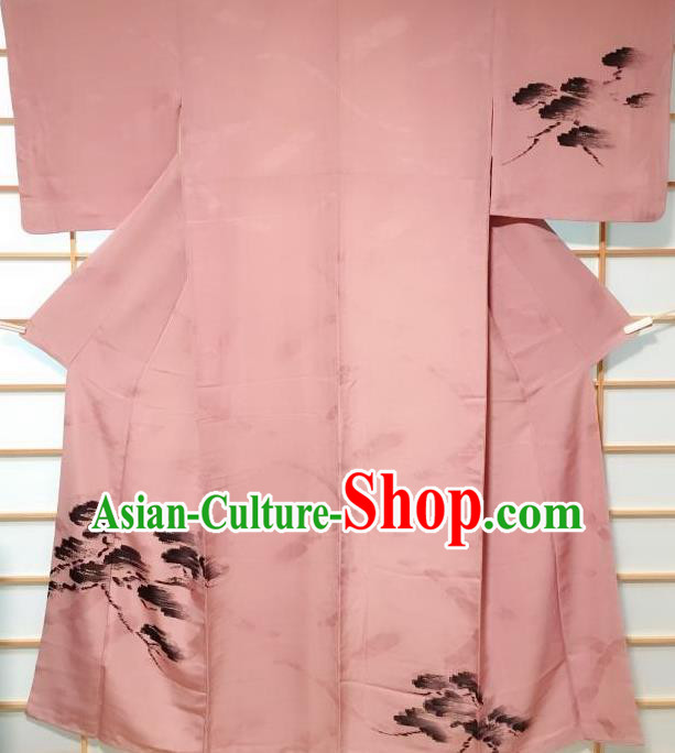 Japanese Traditional Ink Pine Pattern Deep Pink Kimono Japan Yukata Dress Costume for Women