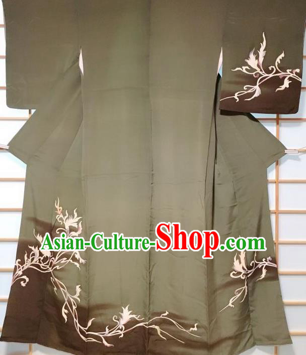 Japanese Traditional Painting Flower Pattern Green Tsukesage Kimono Japan Yukata Dress Costume for Women