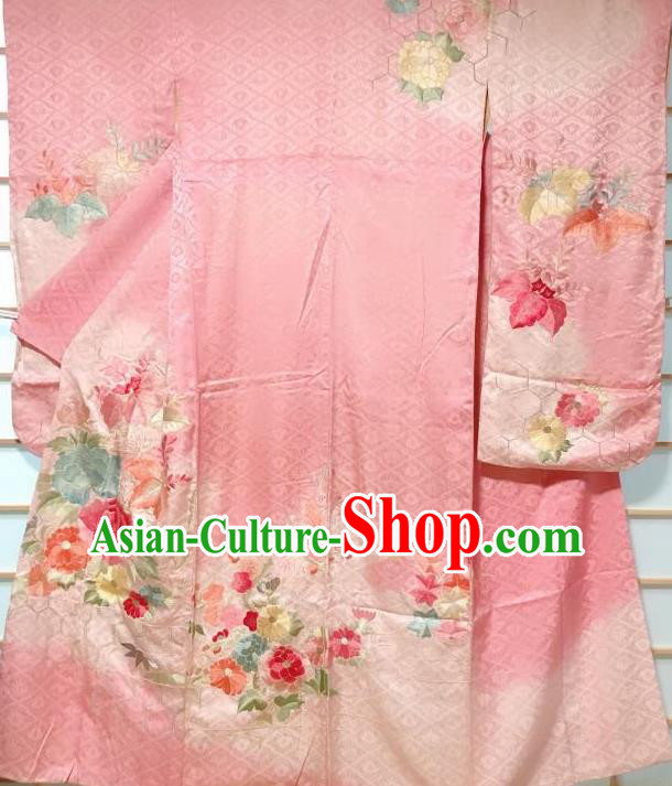 Japanese Classical Embroidered Peony Pink Silk Furisode Kimono Japan Traditional Yukata Dress Costume for Women