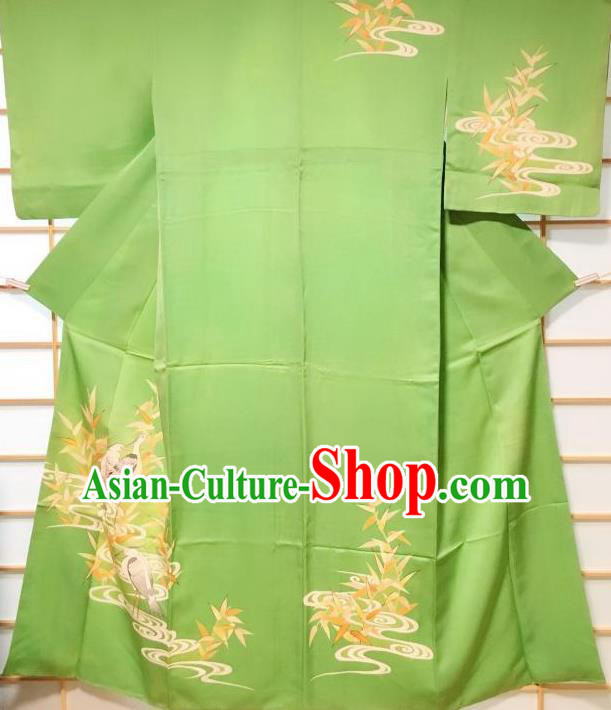 Japanese Classical Printing Egret Green Tsukesage Kimono Japan Traditional Yukata Dress Costume for Women