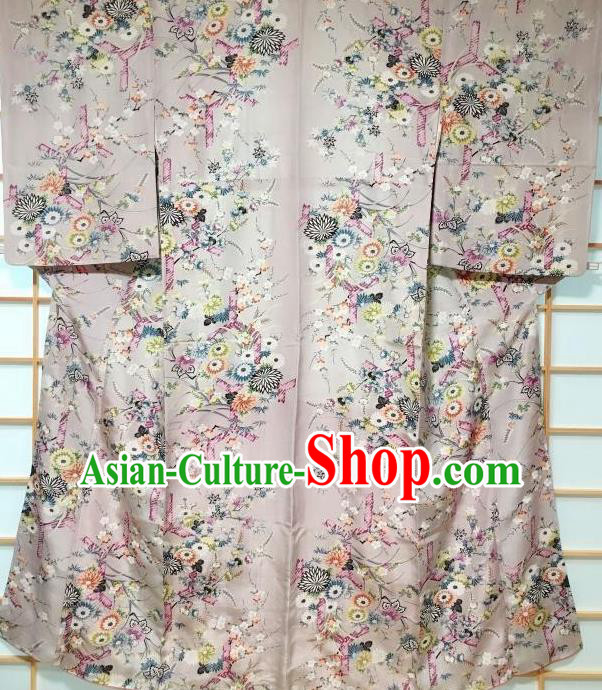 Japanese Classical Printing Chrysanthemum Grey Tsukesage Kimono Japan Traditional Yukata Dress Costume for Women