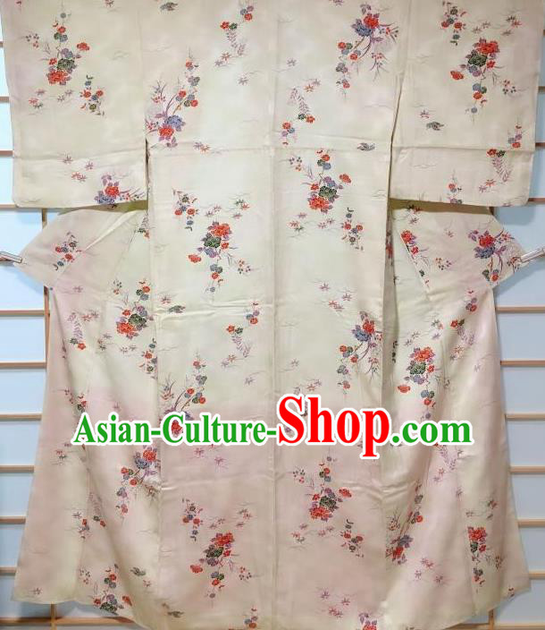 Japanese Classical Printing Peony Beige Tsukesage Kimono Japan Traditional Yukata Dress Costume for Women