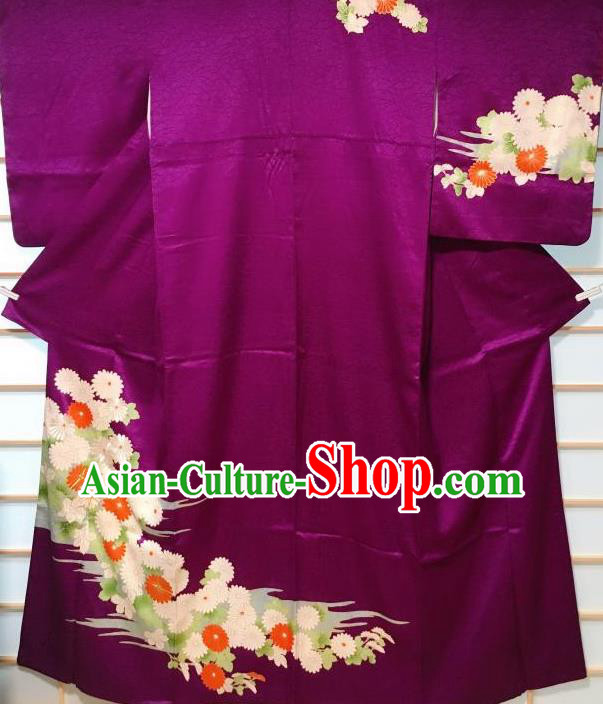 Japanese Classical Embroidered Chrysanthemum Pattern Purple Tsukesage Kimono Japan Traditional Yukata Dress Costume for Women