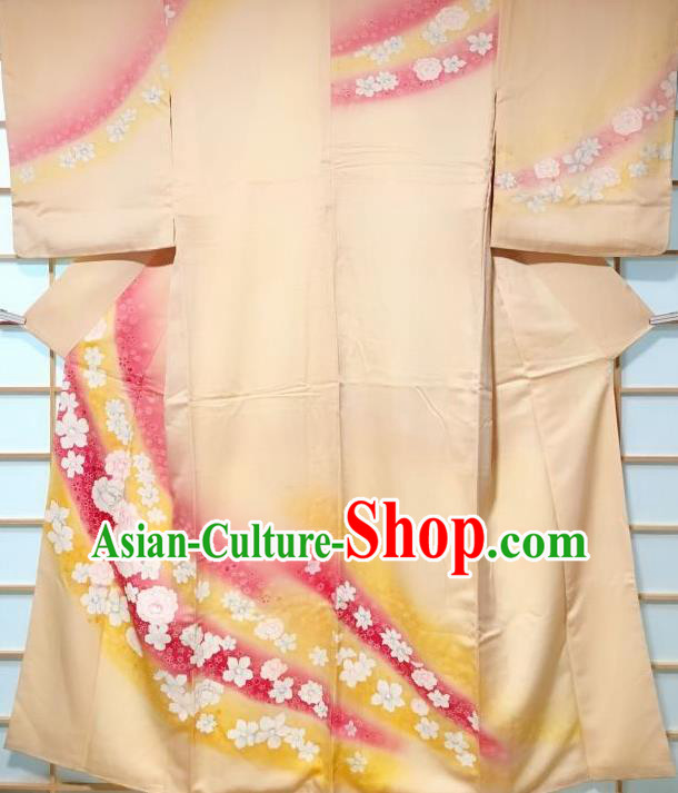 Japanese Classical Sakura Pattern Apricot Kimono Japan Traditional Yukata Dress Costume for Women