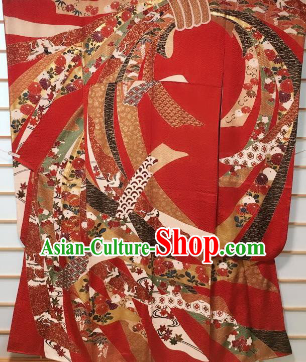 Japanese Classical Embroidered Crane Pattern Red Furisode Kimono Japan Traditional Yukata Dress Costume for Women