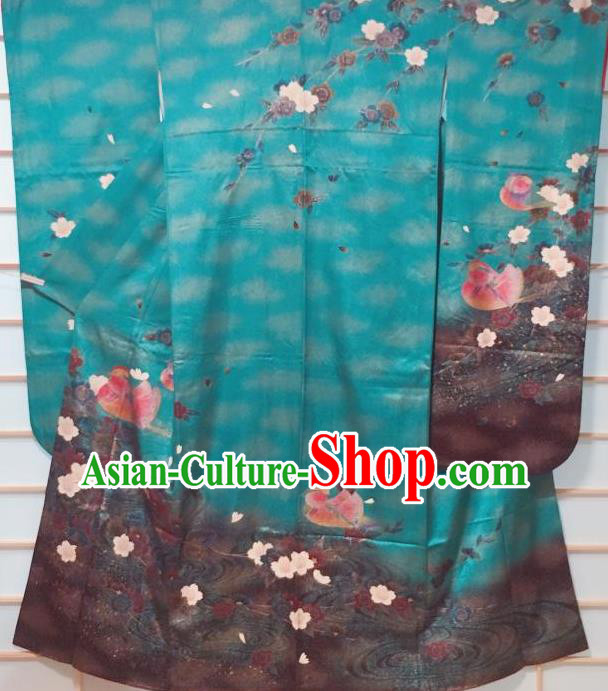 Traditional Japanese Green Furisode Kimono Japan Classical Mandarin Duck Pattern Yukata Dress Costume for Women