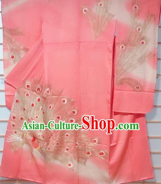 Traditional Japanese Pink Furisode Kimono Japan Classical Peacock Pattern Yukata Dress Costume for Women