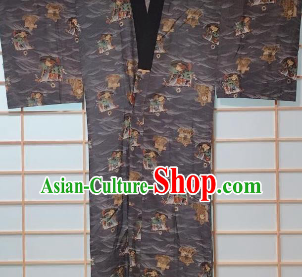 Traditional Japanese Wave Boat Pattern Grey Hanten Kimono Japan Yukata Costume for Men