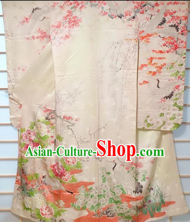 Traditional Japanese Beige Furisode Kimono Japan Classical Embroidered Crane Peony Pattern Yukata Dress Costume for Women