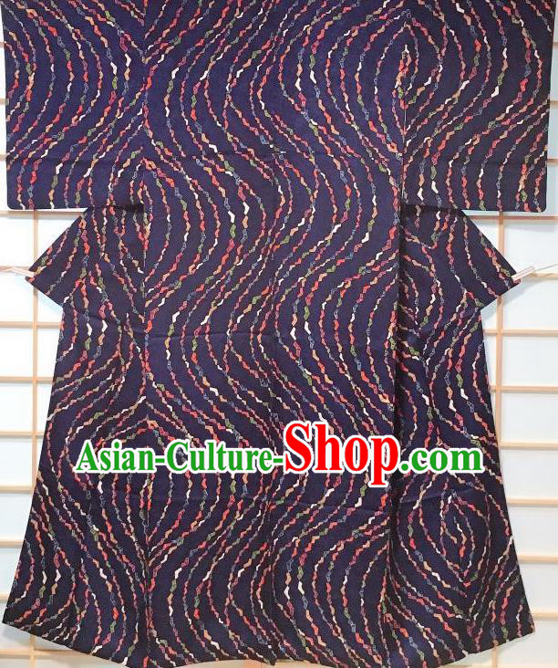 Japanese Classical Pattern Deep Blue Edo Komon Kimono Japan Traditional Yukata Dress Costume for Women