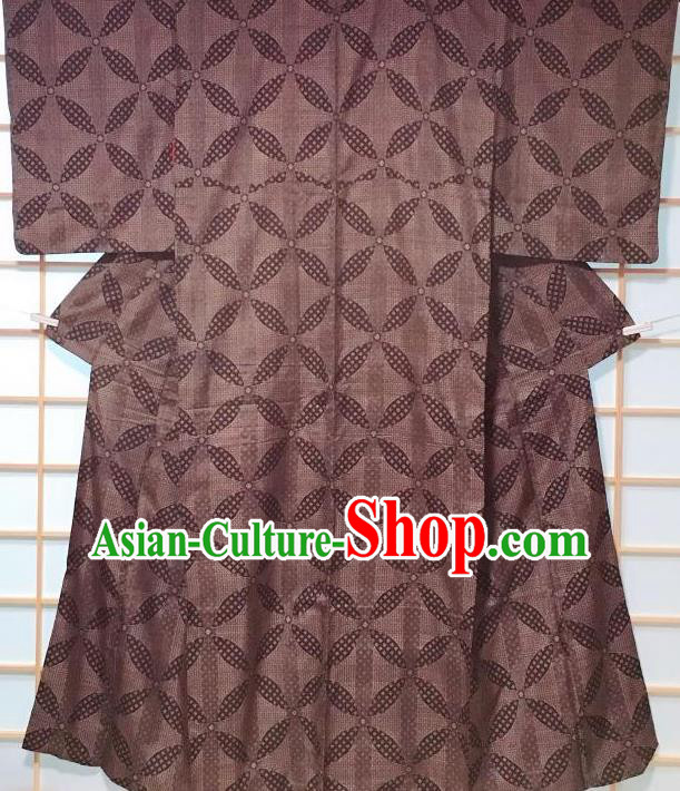 Japanese Classical Auspicious Pattern Brown Edo Komon Kimono Japan Traditional Yukata Dress Costume for Women