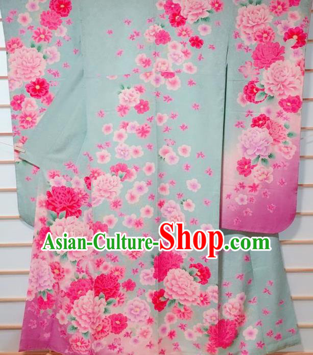 Japanese Classical Peony Pattern Blue Furisode Kimono Japan Traditional Yukata Dress Costume for Women