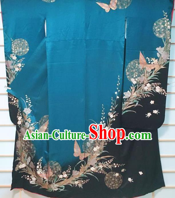 Traditional Japanese Peacock Blue Furisode Kimono Japan Classical Butterfly Pattern Yukata Dress Costume for Women