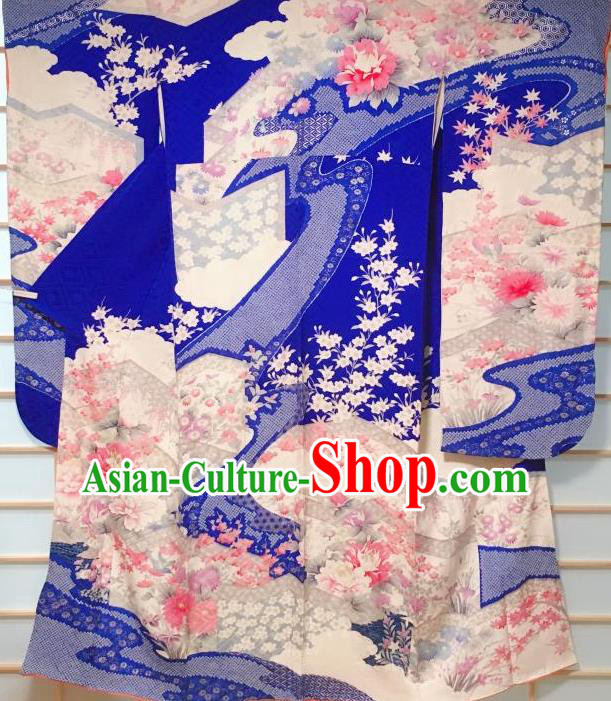 Traditional Japanese Royalblue Furisode Kimono Japan Classical Peony Flowers Pattern Yukata Dress Costume for Women