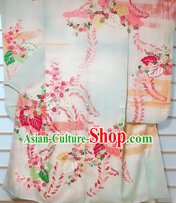 Japanese Geisha Classical Chrysanthemum Pattern Light Green Furisode Kimono Japan Traditional Yukata Dress Costume for Women