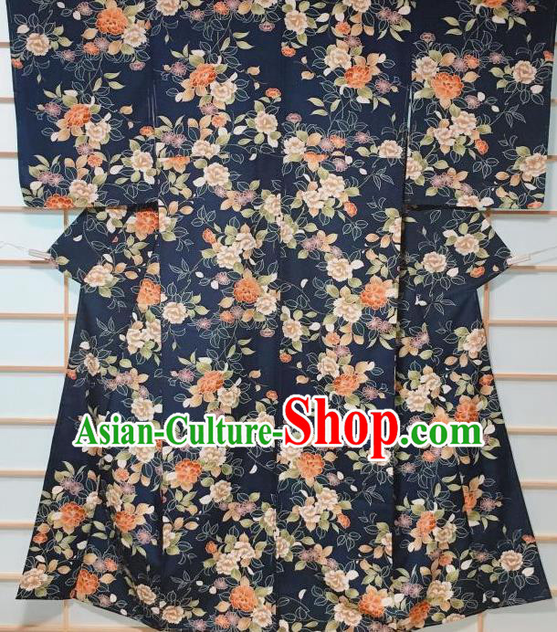 Japanese Classical Peony Chrysanthemum Pattern Navy Edo Komon Kimono Japan Traditional Yukata Dress Costume for Women