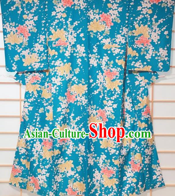 Japanese Classical Peony Pattern Blue Komon Kimono Japan Traditional Yukata Dress Costume for Women