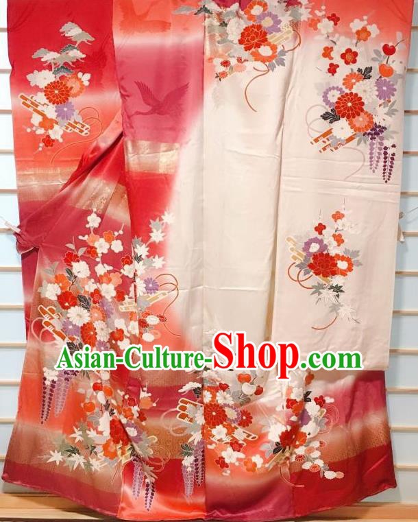 Japanese Classical Peony Crane Pattern Red Furisode Kimono Japan Traditional Yukata Dress Costume for Women