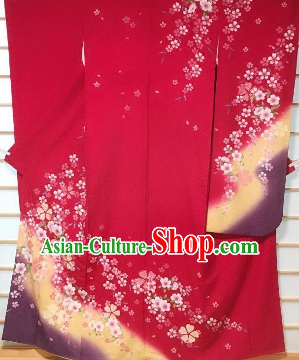 Japanese Classical Sakura Pattern Red Furisode Kimono Japan Traditional Yukata Dress Costume for Women