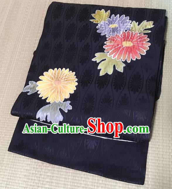 Japanese Nagoya Traditional Embroidered Chrysanthemum Black Brocade Waistband Japan Kimono Yukata Belt for Women