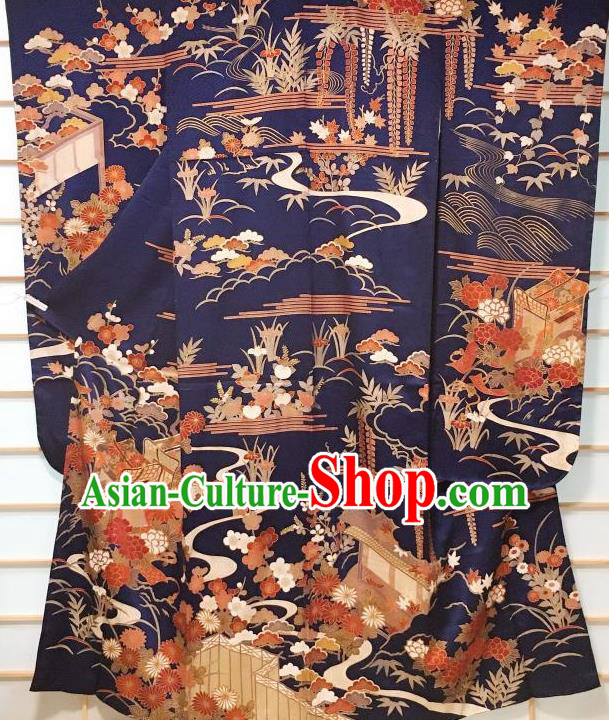 Japanese Classical Chrysanthemum Peony Pattern Deep Blue Furisode Kimono Japan Traditional Yukata Dress Costume for Women