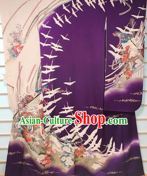 Japanese Classical Crane Chrysanthemum Pattern Purple Furisode Kimono Japan Traditional Yukata Dress Costume for Women