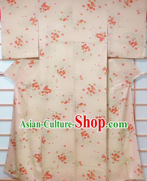 Japanese Classical Sakura Pattern Beige Tsukesage Kimono Japan Traditional Yukata Dress Costume for Women