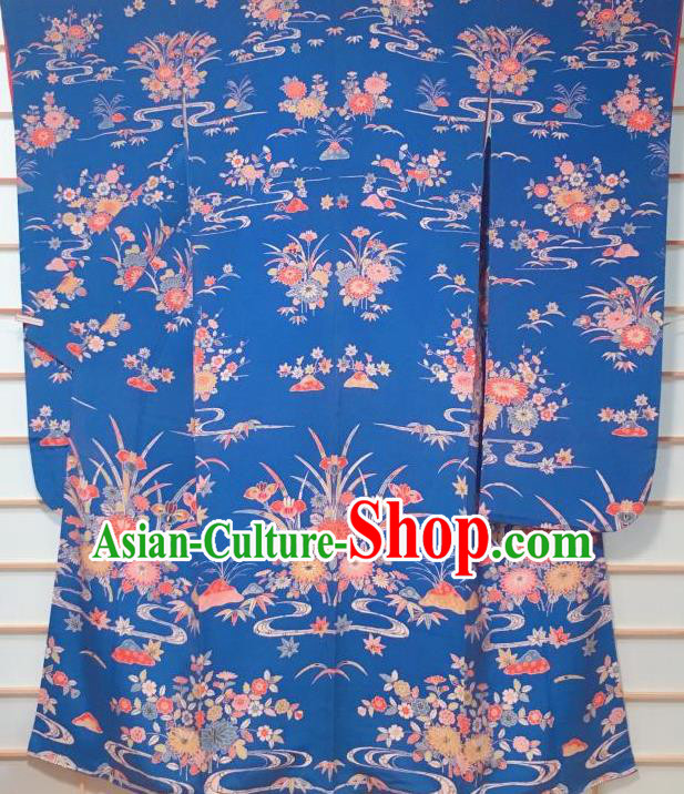 Japanese Classical Chrysanthemum Orchid Pattern Blue Furisode Kimono Japan Traditional Yukata Dress Costume for Women