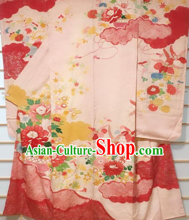 Japanese Classical Peony Chrysanthemum Pattern Pink Furisode Kimono Japan Traditional Yukata Dress Costume for Women