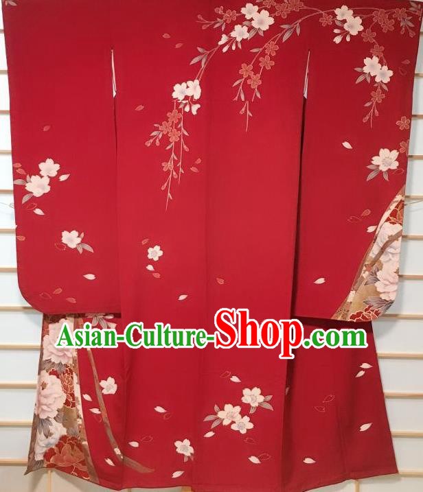 Japanese Classical Peony Pattern Red Furisode Kimono Japan Traditional Yukata Dress Costume for Women