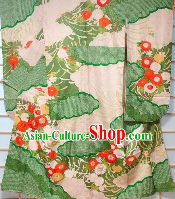 Japanese Classical Cloud Chrysanthemum Pattern Green Furisode Kimono Japan Traditional Yukata Dress Costume for Women