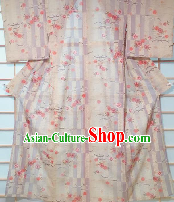 Japanese Classical Sakura Pattern Apricot Kimono Japan Traditional Yukata Dress Costume for Women