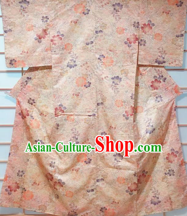 Japanese Classical Flowers Pattern Light Orange Kimono Japan Traditional Yukata Dress Costume for Women