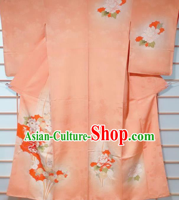 Traditional Japanese Orange Tsukesage Kimono Japan Classical Peony Pattern Yukata Dress Costume for Women