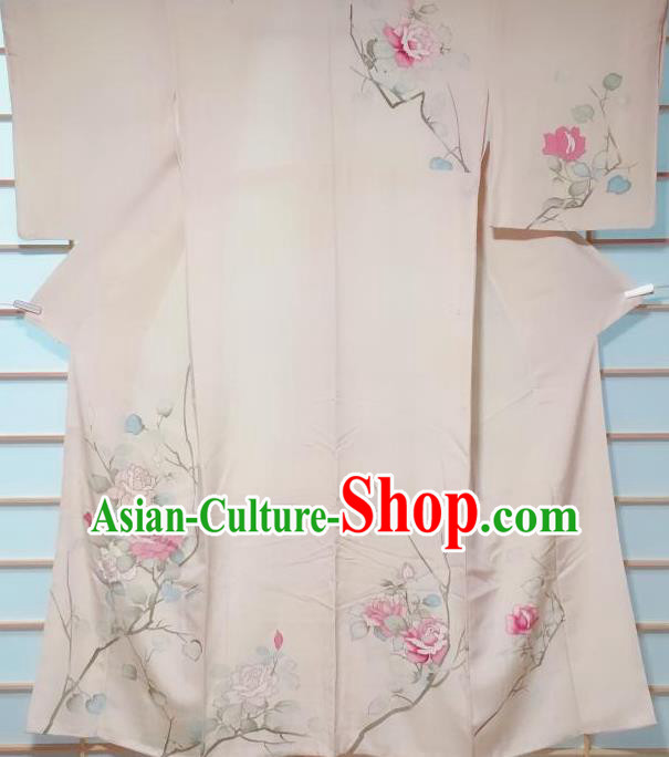 Traditional Japanese Beige Tsukesage Kimono Japan Classical Roses Pattern Yukata Dress Costume for Women