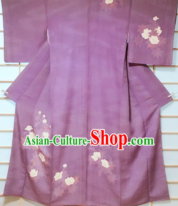 Traditional Japanese Violet Tsukesage Kimono Japan Classical Peony Pattern Yukata Dress Costume for Women