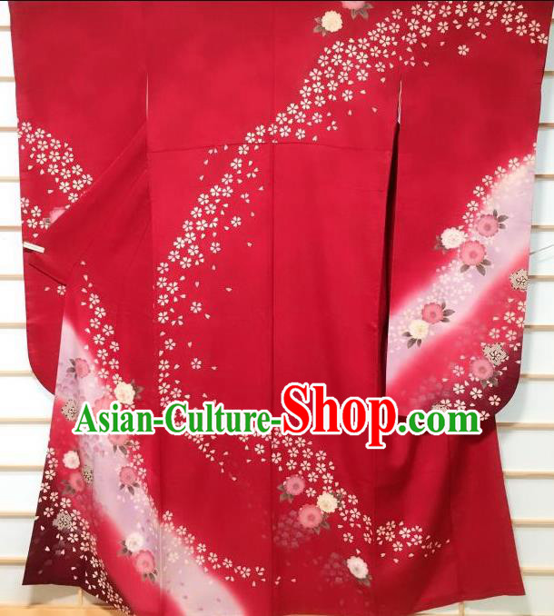 Traditional Japanese Red Furisode Kimono Japan Classical Sakura Pattern Yukata Dress Costume for Women