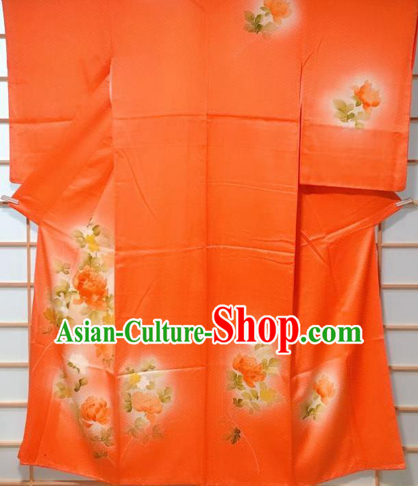 Traditional Japanese Orange Tsukesage Kimono Japan Classical Peony Pattern Yukata Dress Costume for Women