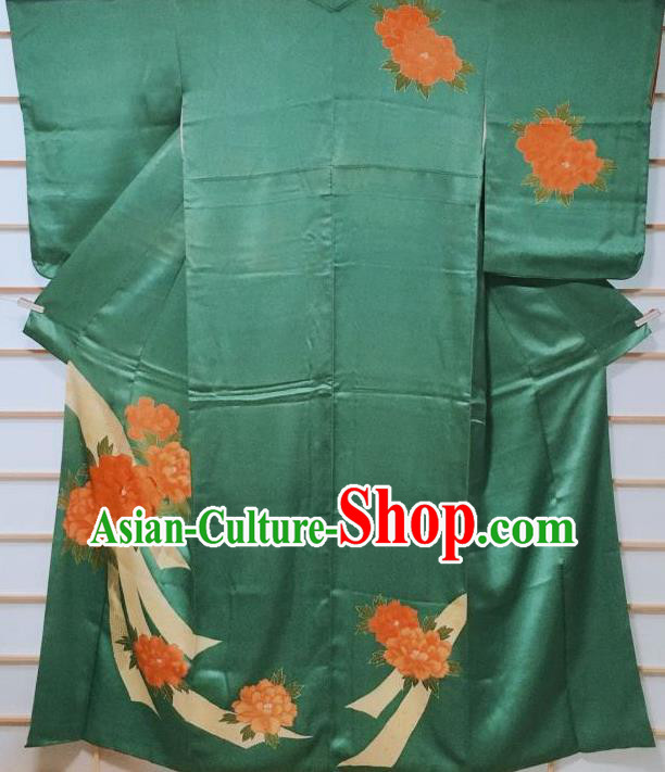 Traditional Japanese Green Silk Tsukesage Kimono Japan Classical Peony Pattern Yukata Dress Costume for Women