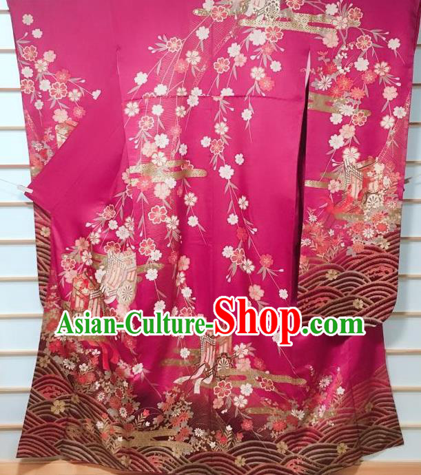 Traditional Japanese Rosy Furisode Kimono Japan Classical Cherry Blossom Pattern Yukata Dress Costume for Women