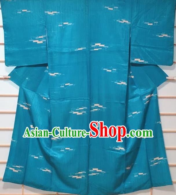 Traditional Japanese Lake Blue Kimono Japan Classical Pattern Yukata Dress Costume for Women