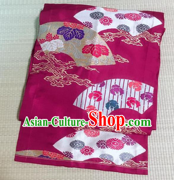 Japanese Nagoya Traditional Chrysanthemum Pattern Wine Red Brocade Waistband Japan Kimono Yukata Belt for Women