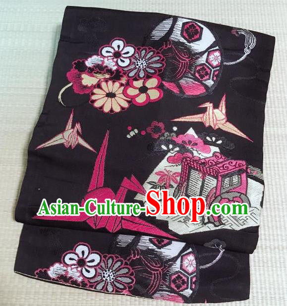 Japanese Nagoya Traditional Paper Crane Pattern Black Brocade Waistband Japan Kimono Yukata Belt for Women